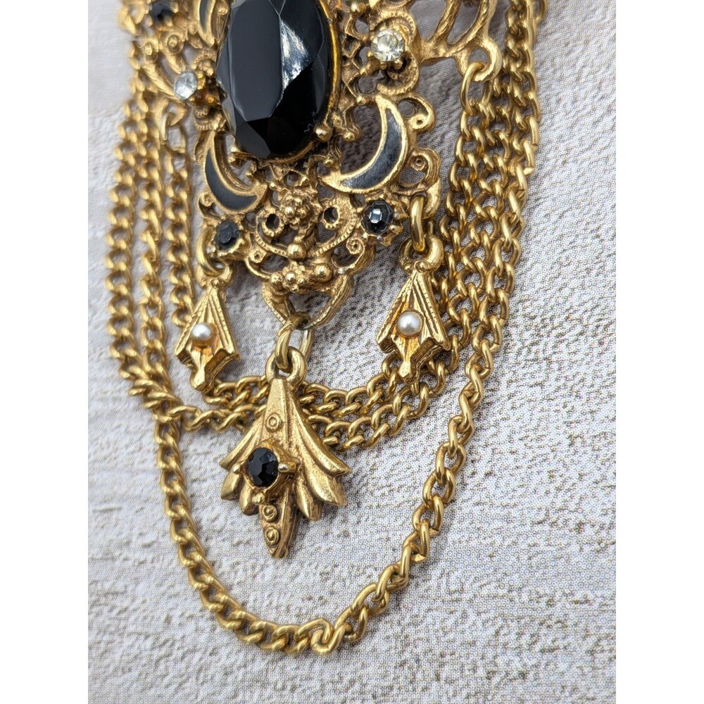 Florenza Brooch Black Cabochon Drape Chain Gold Tone Filigree 2.5in Signed Pin - Picture 10 of 16